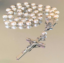 Collana con croce rosario di perle bianche da donna catenina crocifisso lunga 50