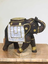 Scultura elefante indiano in legno, ottone e madreperla XX sec
