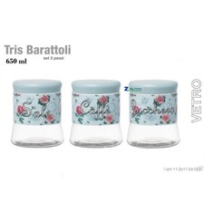 TRIS SET 3 Pz BARATTOLI DA CUCINA VETRO SALE ZUCCHERO CAFFE' SHABBY AZZURRO