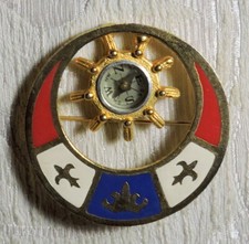 Spilla vintage stile navale con bussola funzionante e smalto rosso bianco c1970