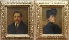 Augusto Bompiani (Roma 1852 - 1930) coppia ritratti dipinto ad olio con cornice