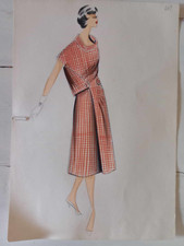 Figurino di moda anni 50-60 disengato e colorato a mano con cartamodello