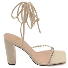 Sandalo donna gioiello open toe beige intrecciato tacco doppio 10 strass luccica