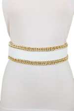 Donna Bianco Similpelle Elastico Largo Weekend Cintura Oro Metallo Catena Maglie