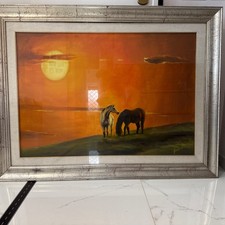 Dipinto Olio Su Tela Cavalli Al Tramonto- Grande Formato Tela 100x70  -