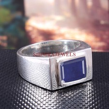 Riscaldato Zaffiro Blu Gemma Con 14K Placcato Oro Bianco Argento Uomo Ring #461