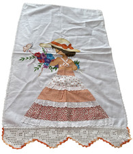 Vtg 1970s ARTE NOSSA Tea Towel Girl w/ Bouquet Hat Butterfly Crochet Edge Brazil