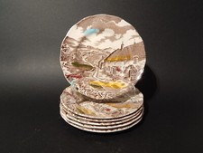 VINTAGE SERVIZIO 6 PIATTI DOLCE CERAMICA W. H. GRINDLEY STAMPA MANO QUIET DAY