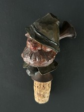 Antico tappo vino legno intagliato sughero uomo barbuto con cappello intagliato e dipinto a mano
