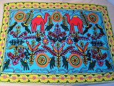 TELO ARREDO ARAZZO BATIK ORIENTALE RICAMATO SFONDO CELESTE (s17)