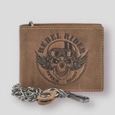 Portafoglio Greenburry in pelle da uomo marrone con catena e teschio stampato