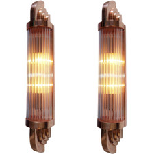 Coppia applique da parete antiche vintage art deco rame asta vetro nave luce