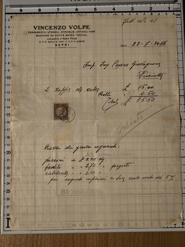 Sapri ricevuta vendita - ricevuta, 1934