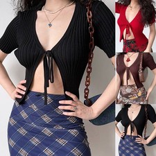 Crop top donna scollo a V manica corta con fiocco moda maglietta estiva