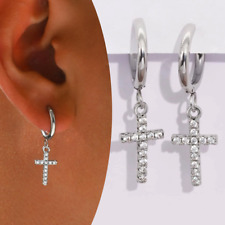 Orecchini a cerchio con croce pendente con Zirconi in Acciaio Uomo Donna Unisex