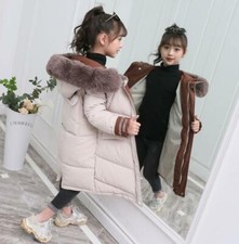 Cappotto lungo imbottito bambina invernale caldo pelliccia collo cappuccio spesso parka giacca T1