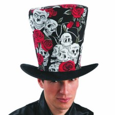 HALLOWEEN 5891 - CAPPELLO TUBA NERA CON ROSE E TESCHI IN TESSUTO