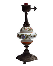 Lume antico da tavolo Lampada in ottone e ceramica decorata vintage H. 43 Cm