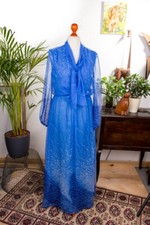 Abito Vintage Originale Anni 70 Blu Chiffon Maxiabito Lungo Hippie 38