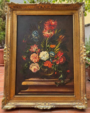 ANTICO DIPINTO OLIO SU TELA NATURA MORTA - VASO FIORI - STILE FIAMMINGO - (1900)