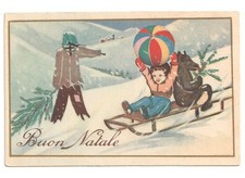 antica cartolina Natale neve montagna bambino slitta palla orso spaventapasseri