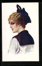 Cartolina artistica firmata Chantecler: Modistilla, spagnola con fiocco blu nei capelli 