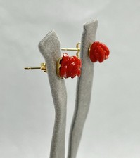 Orecchini In Oro Giallo 14 Kt Con Rose Di Corallo Rosso Naturale Mediterrano 8mm