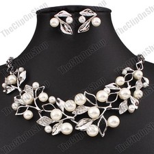 CLIP ON orecchini vintage eleganti FOGLIA DI PERLA set COLLANA cristallo ORO/ARGENTO PLT