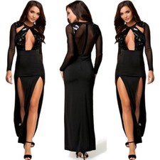 Abito lungo Aperto Aderente scollo Trasparente Spacco Nudo Mesh Gown Dress M