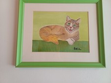 Simpatico quadretto dipinto ad olio raffigurante un gatto