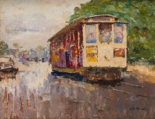 Dipinto d'epoca impressionista della funivia di San Francisco, firmato, 1974