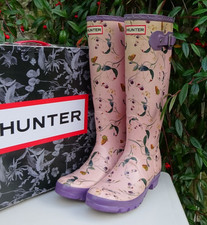 Stivali alti originali Hunter RHS Wellington taglia 5 con scatola rosa e viola