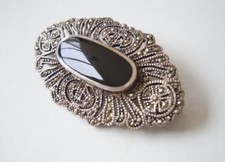 925 Argento Sterling Spilla Onice & Marcasiti 10,9 G/5,2 X 2,9 CM