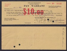 City of Charleston Pay Warrant Depressione 10 dollars 1932 Annullato SUP/AU
