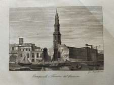 1830 INCISIONE GIOVANNI IMPERATO NAPOLI CAMPANILE, TORRIONE DEL CARMINE CASTELLO