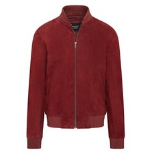 Uomo Varsity Camoscio Bordeaux Bomber Giubbino Casual 100% pelle Morbida Rosso