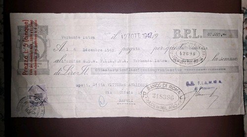 Assegno del 1947 con - , etinofoli