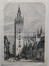 Stampa antica 1868 Giralda Torre campanaria cattedrale Siviglia Andalusia Spagna