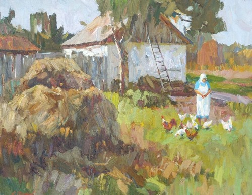 Dipinto olio cortile rurale