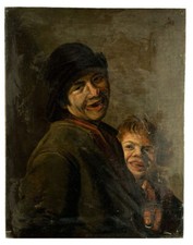 Pittore Lombardo XIX Secolo "Contadino con fanciullo" dipinto ad olio su tela