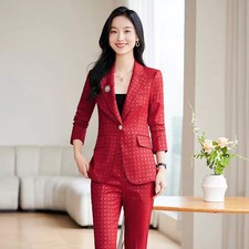 Tailleur Donna Rosso Elegante Slim Con Giacca E Pantalone Svasato Da Cerimonia