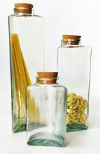 TRIS VASI TRIANGOLARI IN VETRO CON TAPPI IN SUGHERO PER ALIMENTI PASTA ECC