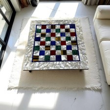 Tavolino Scacchi Marmo 15"x15" Lusso Mop Lapislazzuli Intarsiato Pietra Arredamento Soggiorno