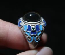 Rare Old Chinese Cloisonne Silver Inlay jade Flower Jewelry Figure Ring