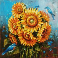 Dipinto olio su tela originale Fiori gialli Girasoli 30x30 cm Wall Art