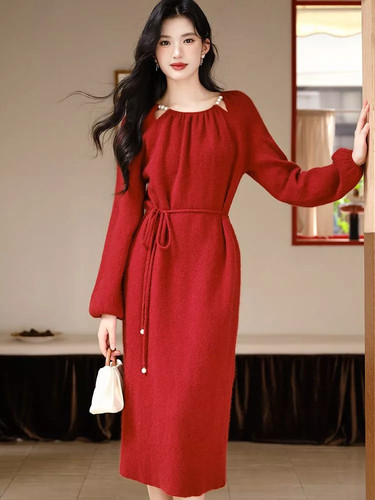 Vestito lungo rosso maglia - lungo, in