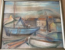 Quadro pastello 1937 villaggio di pescatori / barche sulla spiaggia monogrammato