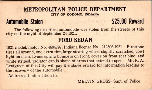 1921 kokomo indiana - indiana, polizia