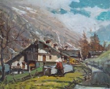 Fumia Mario (1931 - 2013) quadro ad olio Valgrisenche montagne paesaggio baite