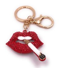 Portachiavi Labbra Rosso Sigaretta Sexy Raucher Strass Oro Ciondolo Catena